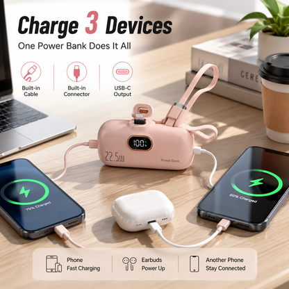 🔋 pocket power bank with built in cable 22-5W fast charging
