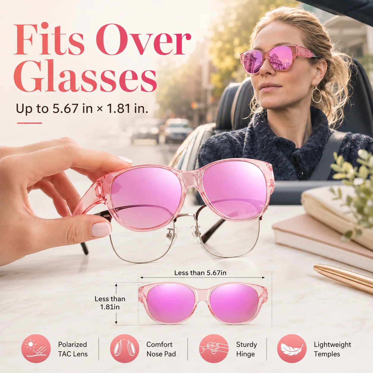 Polarized Fit Over Glasses Sunglasses for Women Men Trendy Square Wrap Around Shades UV400 Protection Lightweight & Durable