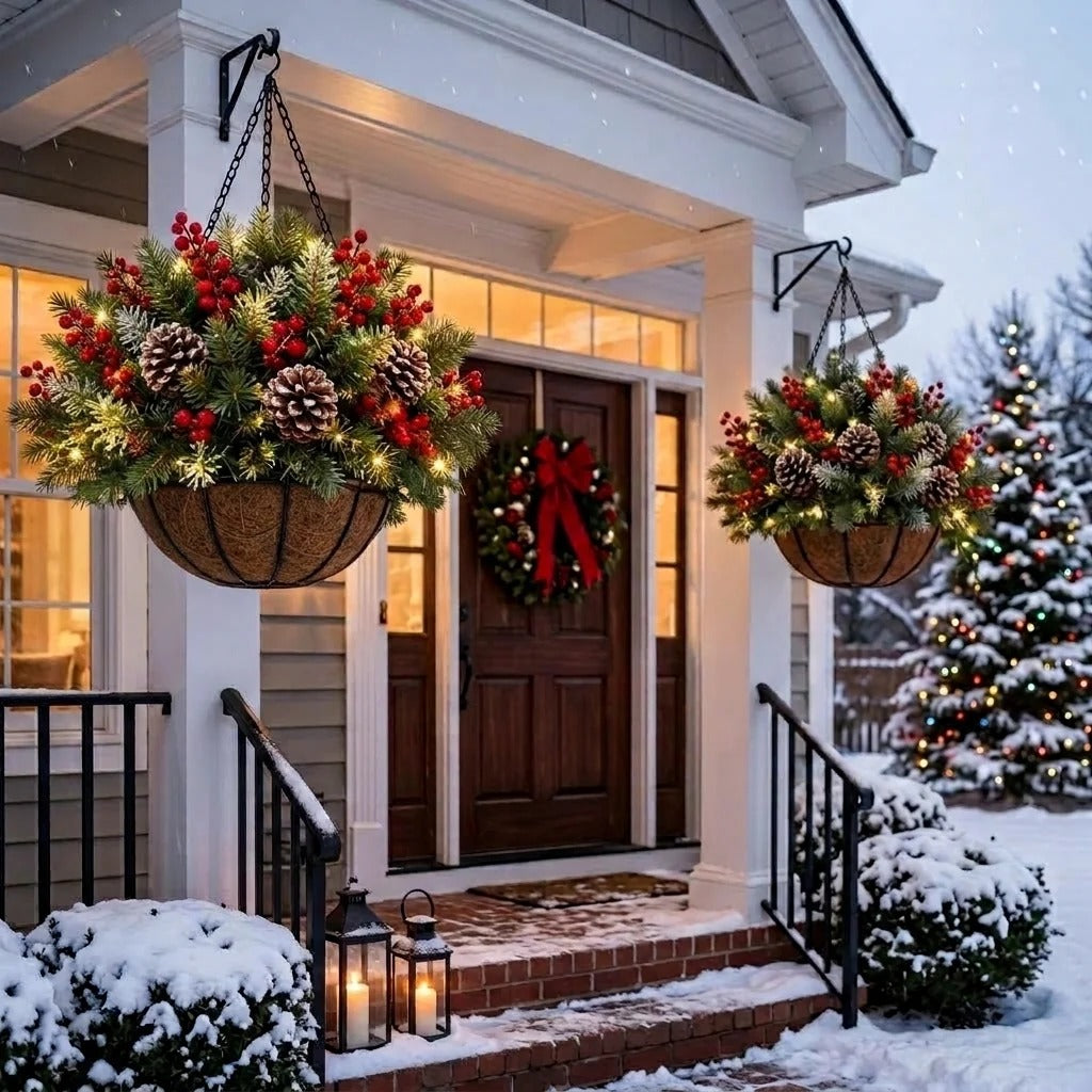 🎄 Last Day 50% OFF 🎄 Pre-Lit Christmas Hanging Basket | Pre-lit, weather-resistant, and zero maintenance🏆