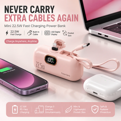 🔋 pocket power bank with built in cable 22-5W fast charging