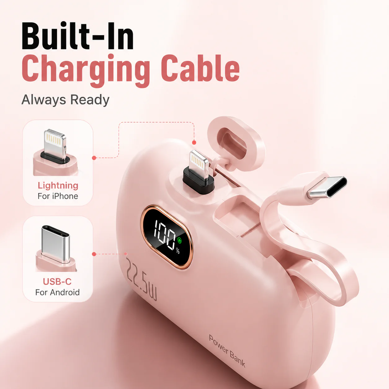 🔋 pocket power bank with built in cable 22-5W fast charging