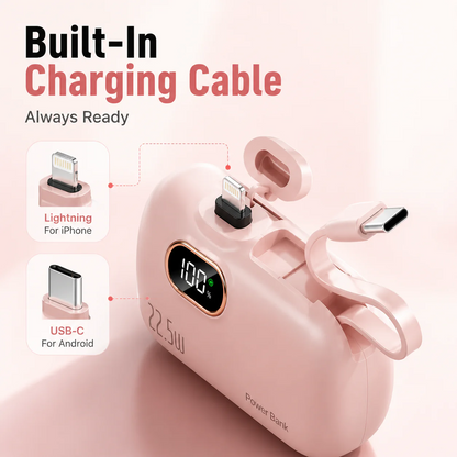 🔋 pocket power bank with built in cable 22-5W fast charging