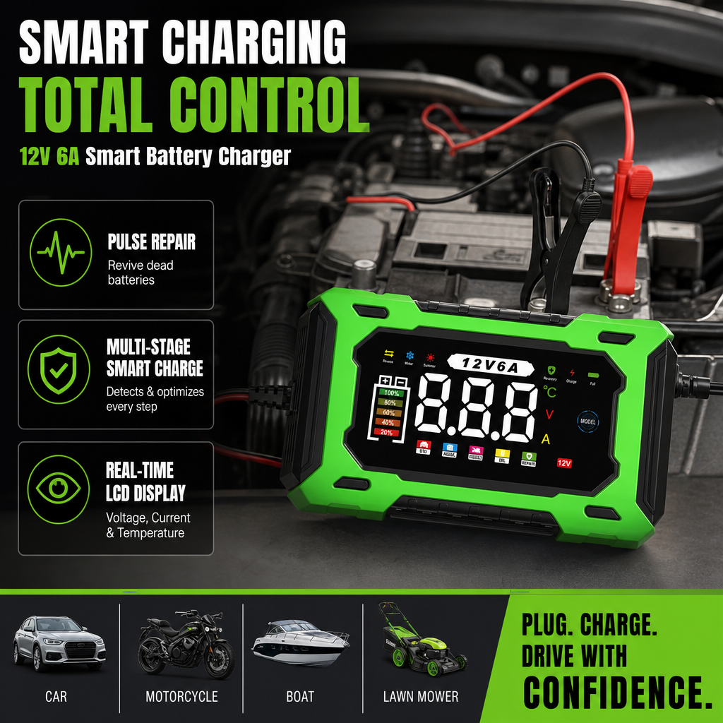 12V 6A Smart Battery Charger | Pulse Repair LCD Display for Cars Motorcycles & More