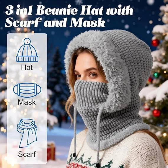 🎉🎁70% OFF!!!-Ready for Winter!!!❄️✨Women’s 3-in-1 Fleece-Lined Knit Balaclava Hat with Scarf & Face Cover🧣