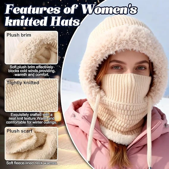 🎉🎁70% OFF!!!-Ready for Winter!!!❄️✨Women’s 3-in-1 Fleece-Lined Knit Balaclava Hat with Scarf & Face Cover🧣