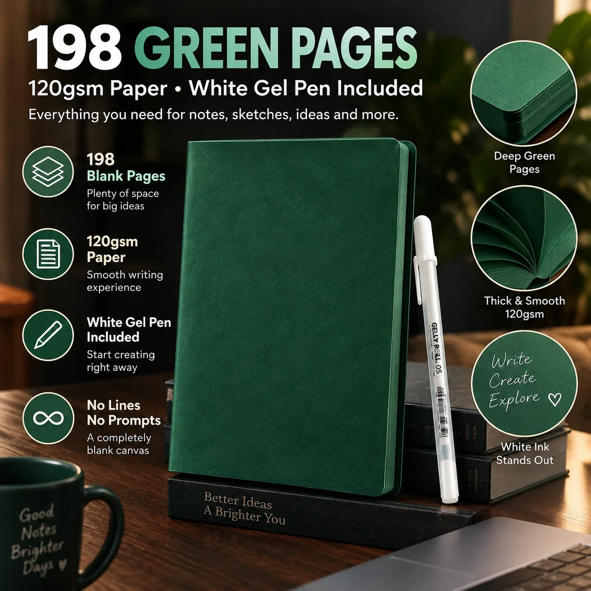 Deep Green Blank Notebook With White Gel Pen | Aesthetic Writing & Sketch Journal