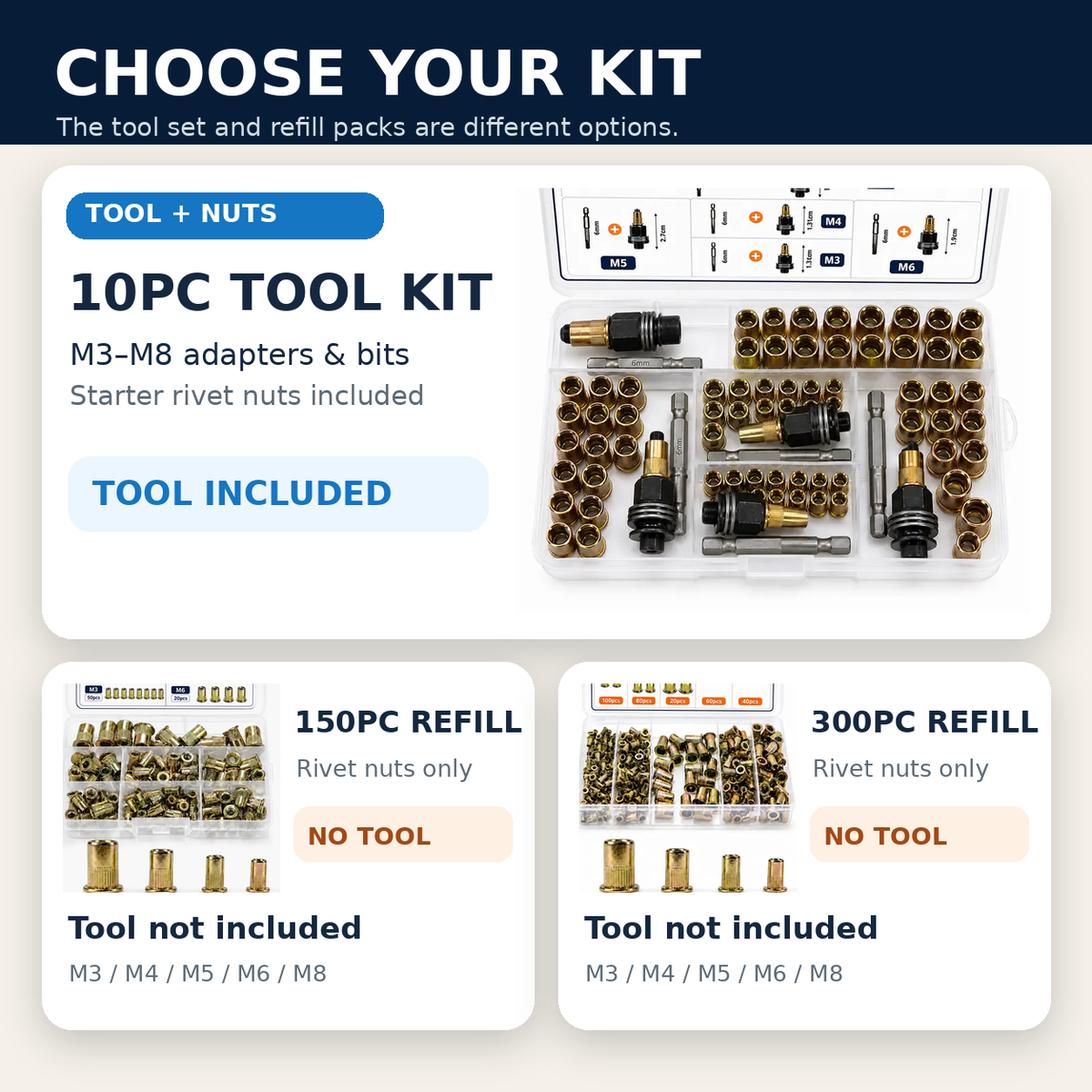 Choose tool kit or rivet nut refill