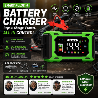 12V 6A Smart Battery Charger | Pulse Repair LCD Display for Cars Motorcycles & More