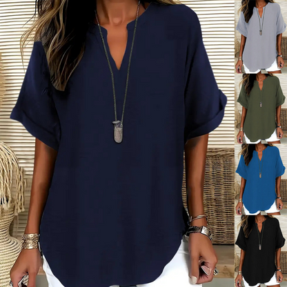 🔥💐BUY 2 FREE SHIPPING💕Women's Plain Short Sleeve V-Neck Chiffon Blouse