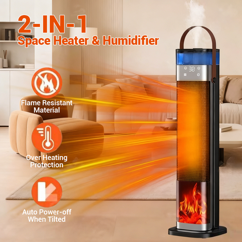 2-in-1 Heizgerät und Luftbefeuchter, 1500 W tragbarer Elektroheizer mit Befeuchtungsfunktion, Fernbedienung, Kippschutz, 3-stufige Leistungsregelung, 3D-Flammeneffekt, ideal für Schlafzimmer und Büros.