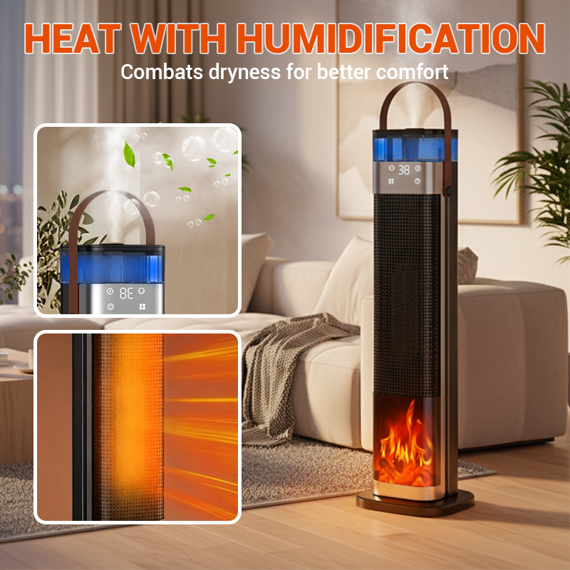 2-in-1 Heizgerät und Luftbefeuchter, 1500 W tragbarer Elektroheizer mit Befeuchtungsfunktion, Fernbedienung, Kippschutz, 3-stufige Leistungsregelung, 3D-Flammeneffekt, ideal für Schlafzimmer und Büros.