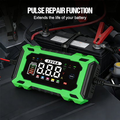 12V 6A Smart Battery Charger | Pulse Repair LCD Display for Cars Motorcycles & More