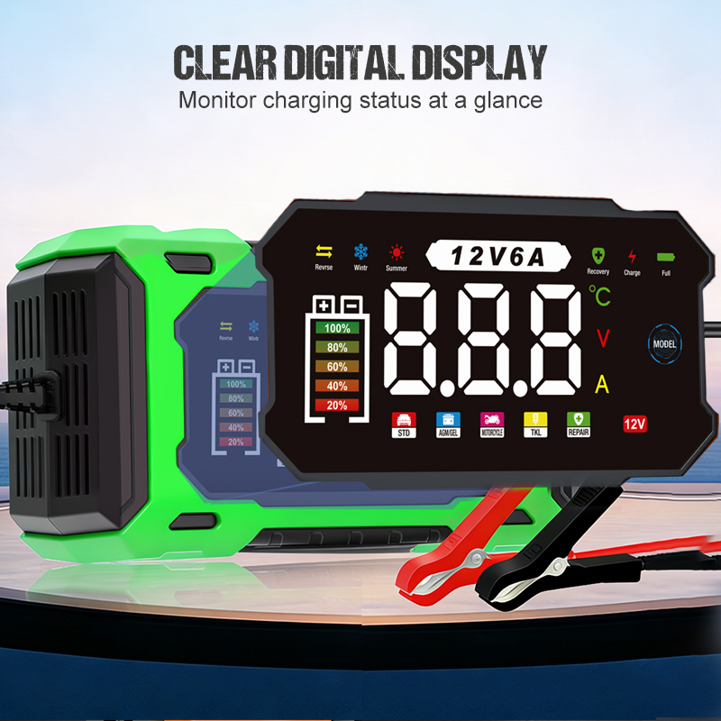 12V 6A Smart Battery Charger | Pulse Repair LCD Display for Cars Motorcycles & More