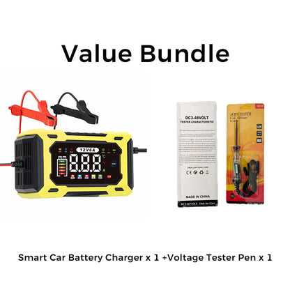 12V 6A Smart Battery Charger | Pulse Repair LCD Display for Cars Motorcycles & More