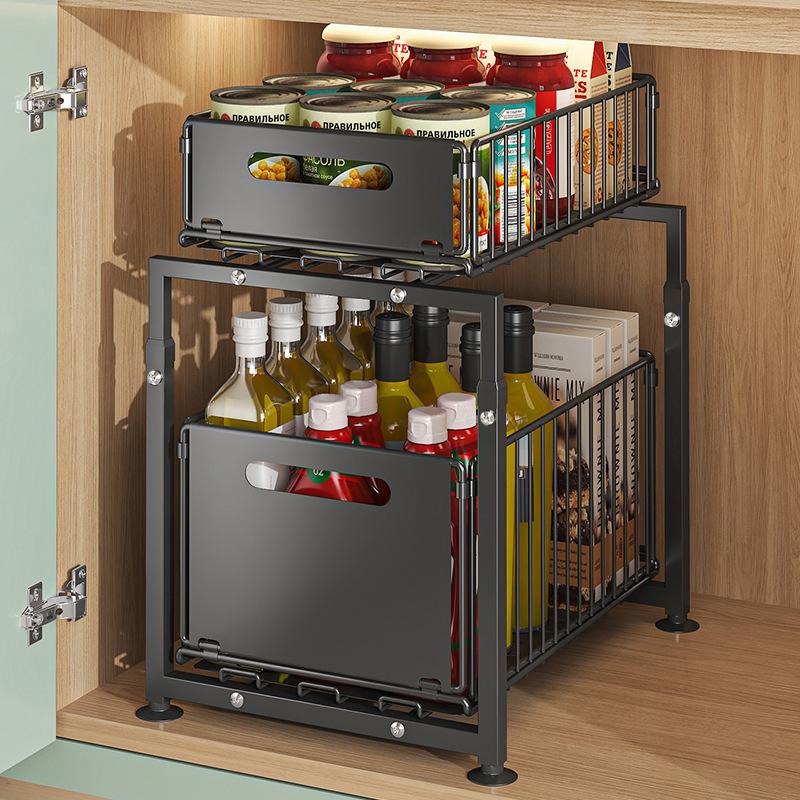 📦50% OFF NOW! 2-Tier Pull-Out Shelf – Expandable Under Sink Organizer, Double Layer Sliding Storage Rack for Kitchen Cabinet Bathroom Pantry
