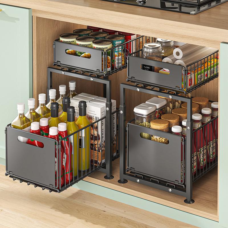 📦50% OFF NOW! 2-Tier Pull-Out Shelf – Expandable Under Sink Organizer, Double Layer Sliding Storage Rack for Kitchen Cabinet Bathroom Pantry