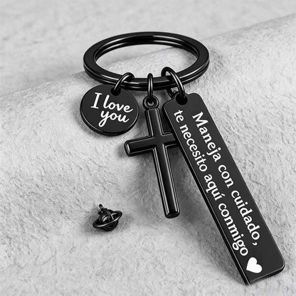 Stainless Steel Cross Keychain with Drive Safe