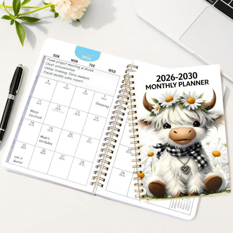 🐮 2026-2030 Calendar 📅  - From January 2026 to December 2030, 5-year calendar, cartoon Highland cow themed cover design, annual calendar planning, month labels, 60-month calendar
