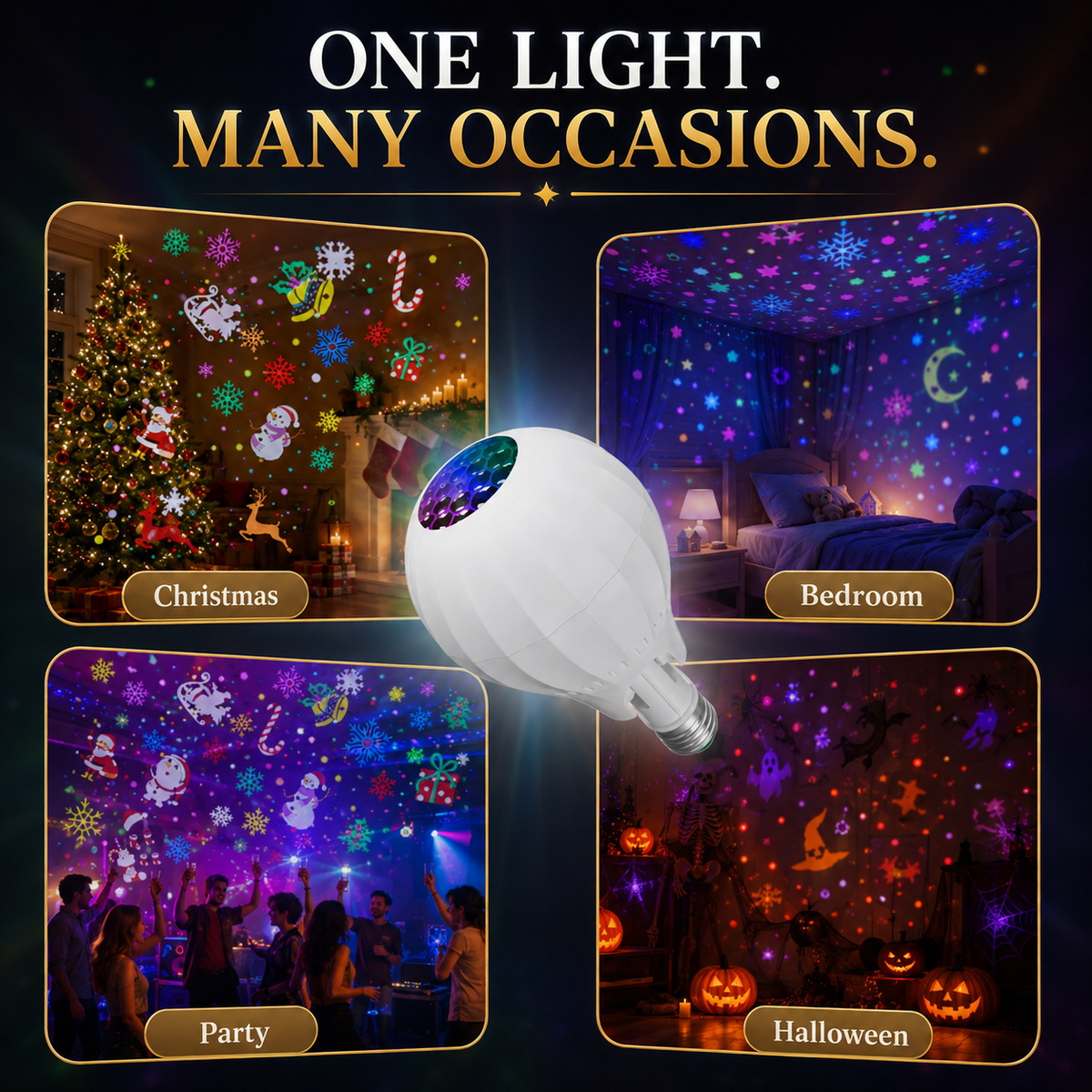 🎄50% OFF NOW! Colorful Rotating Christmas Atmosphere Projector‑ E27 Socket Holiday Projection Light Bulb, 180° Adjustable Festive Pattern Lamp for Xmas Party Home Decor