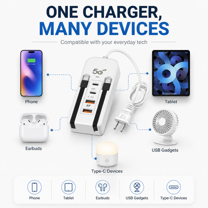 ⚡ 6-in-1 66W Desktop Power Hub – Fast Charging Station for 6 Devices, Compact & Clutter-Free 🔌📱💻
