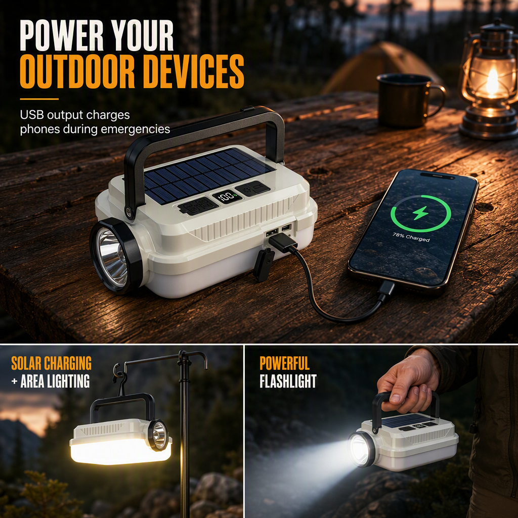🏕️ Solar Camping Lantern – Dual Light & Emergency Power Bank