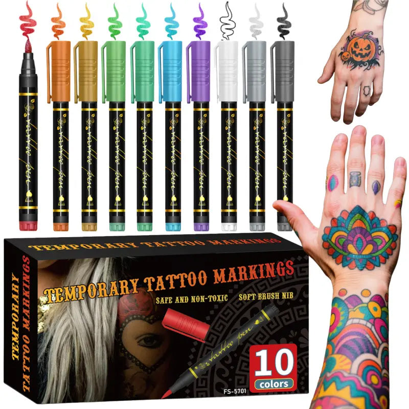 🎃Kosmetik-Tattoo-Marker für die Haut, 10/15/30 leuchtende Farben, flexible Pinselspitze, 30 Farben + 12 Schablonen, hohe Detailgenauigkeit, Gesichts-Make-up für Halloween, ungiftig, Bürobedarf