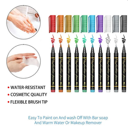 🎃Kosmetik-Tattoo-Marker für die Haut, 10/15/30 leuchtende Farben, flexible Pinselspitze, 30 Farben + 12 Schablonen, hohe Detailgenauigkeit, Gesichts-Make-up für Halloween, ungiftig, Bürobedarf