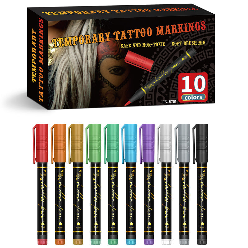 🎃Kosmetik-Tattoo-Marker für die Haut, 10/15/30 leuchtende Farben, flexible Pinselspitze, 30 Farben + 12 Schablonen, hohe Detailgenauigkeit, Gesichts-Make-up für Halloween, ungiftig, Bürobedarf