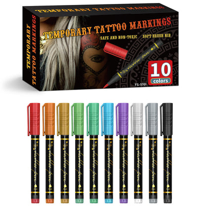 🎃Kosmetik-Tattoo-Marker für die Haut, 10/15/30 leuchtende Farben, flexible Pinselspitze, 30 Farben + 12 Schablonen, hohe Detailgenauigkeit, Gesichts-Make-up für Halloween, ungiftig, Bürobedarf