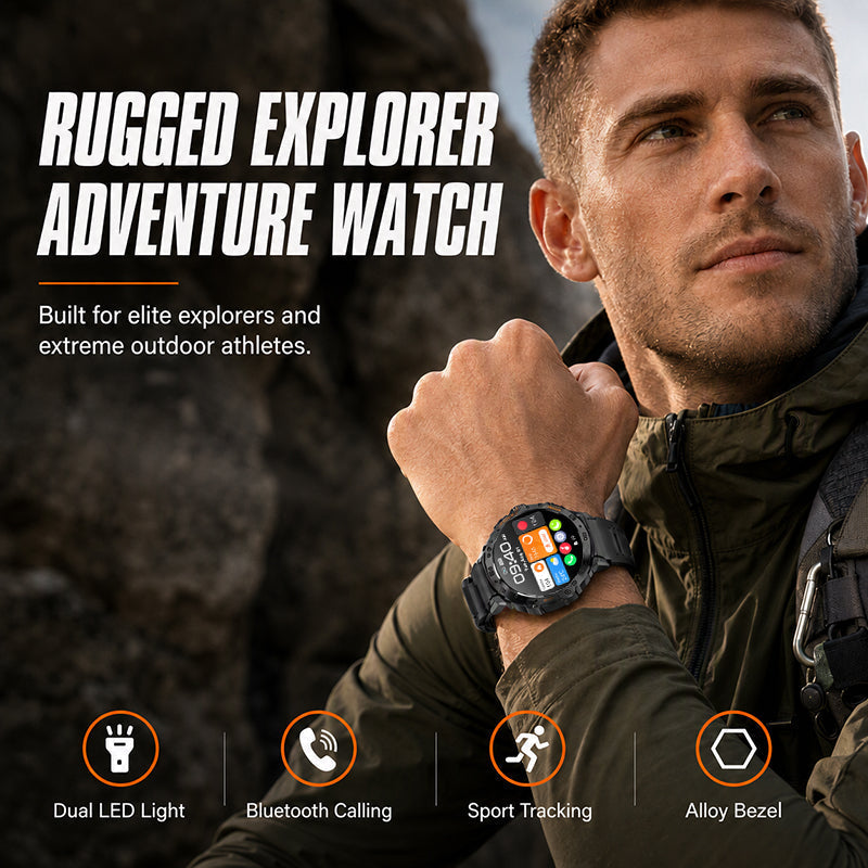 🏔️ Outdoor Smartwatch – Rugged, LED Flashlight & Bluetooth Calling – For Sports, Fitness & Adventure 🔦