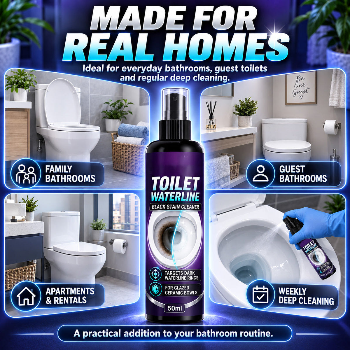 Toilet flush cleaner removes black stains and scale from the waterline and stubborn dirt.