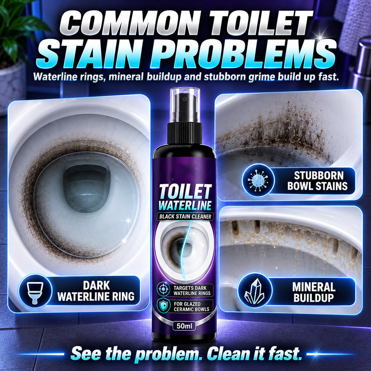 Toilet flush cleaner removes black stains and scale from the waterline and stubborn dirt.