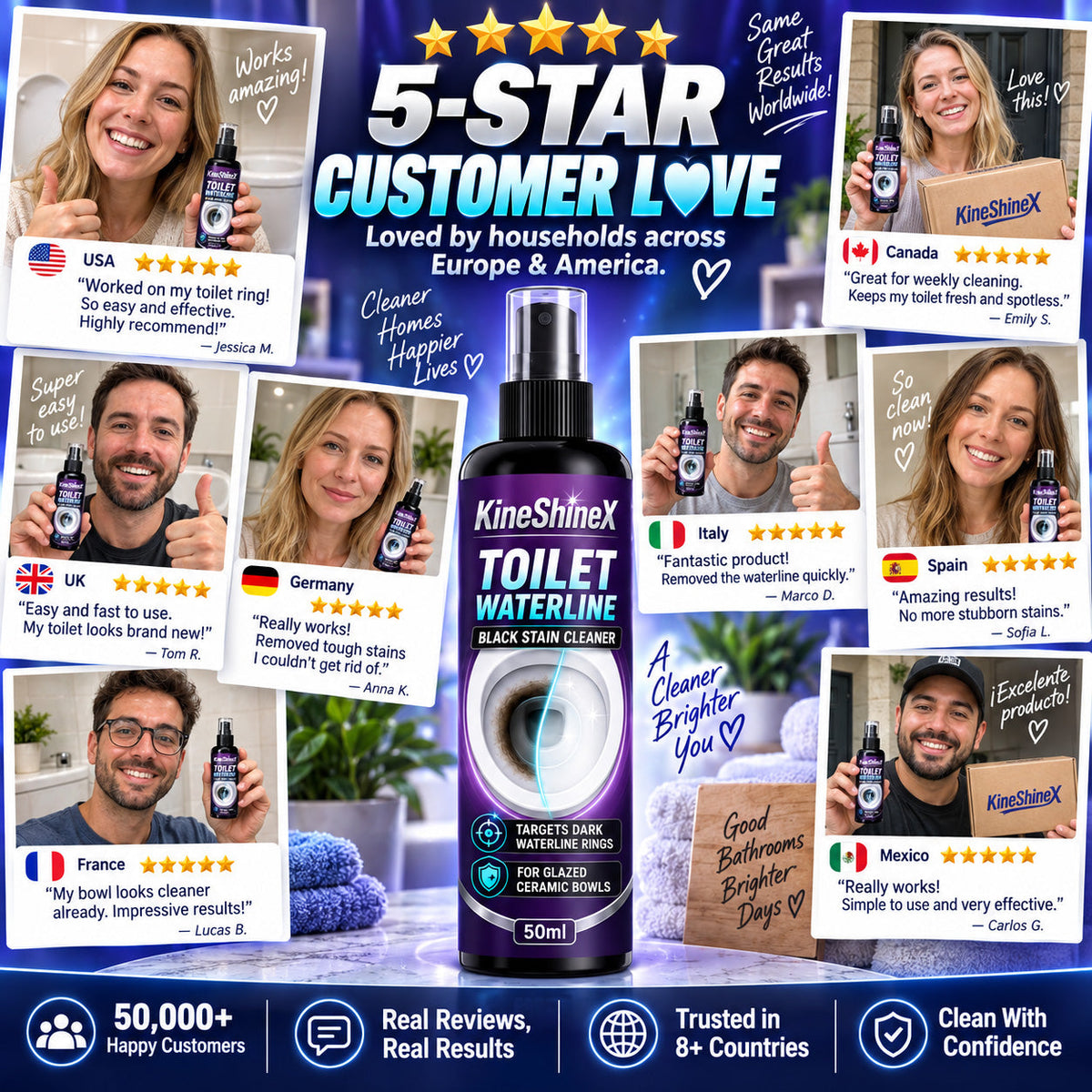 Toilet flush cleaner removes black stains and scale from the waterline and stubborn dirt.