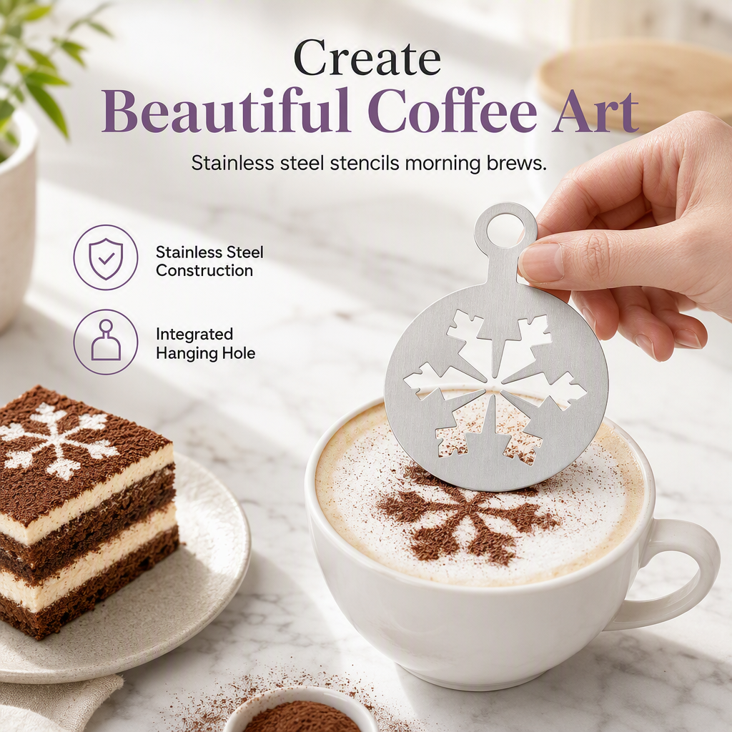 ☕ Stainless Steel Coffee Latte Art Stencil Template - Precision Powder Duster Mold 🍰