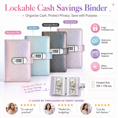🎄 Christmas Pre-Order: 50% OFF!! ✨ SparkleLock Cash Stuffing Binder with 3-Digit Combination Lock — 100-Envelope Cash Stuffing Budget Book 💖