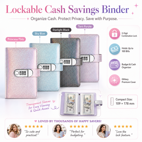 🎄 Christmas Pre-Order: 50% OFF!! ✨ SparkleLock Cash Stuffing Binder with 3-Digit Combination Lock — 100-Envelope Cash Stuffing Budget Book 💖