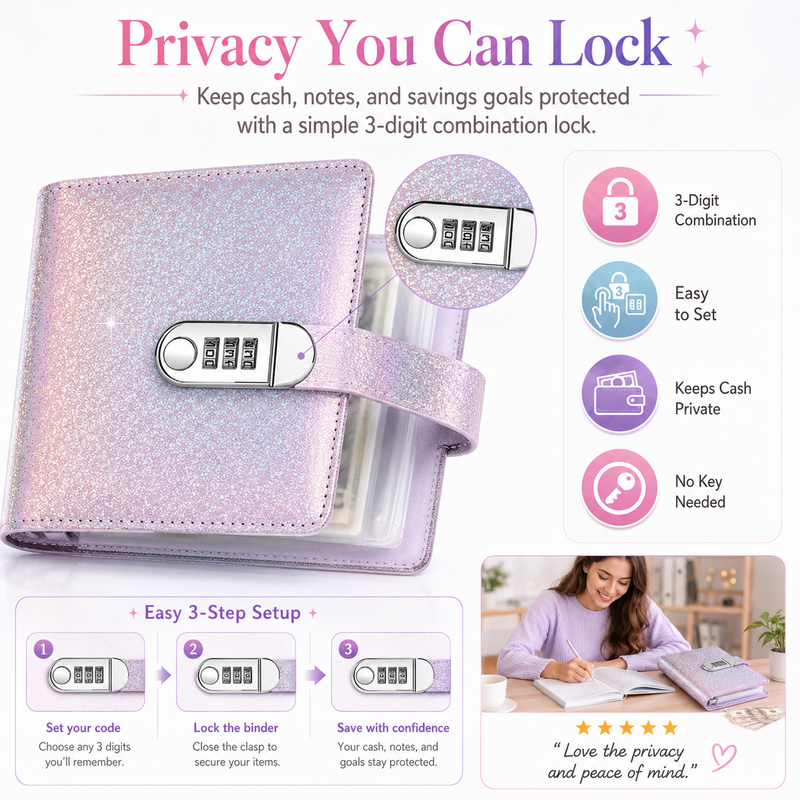 🎄 Christmas Pre-Order: 50% OFF!! ✨ SparkleLock Cash Stuffing Binder with 3-Digit Combination Lock — 100-Envelope Cash Stuffing Budget Book 💖