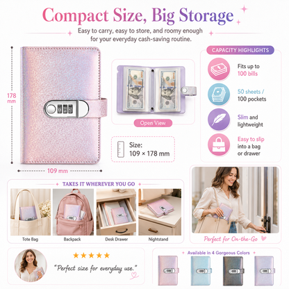 🎄 Christmas Pre-Order: 50% OFF!! ✨ SparkleLock Cash Stuffing Binder with 3-Digit Combination Lock — 100-Envelope Cash Stuffing Budget Book 💖