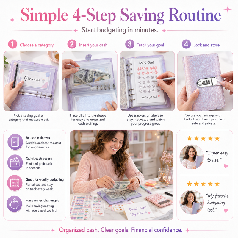 🎄 Christmas Pre-Order: 50% OFF!! ✨ SparkleLock Cash Stuffing Binder with 3-Digit Combination Lock — 100-Envelope Cash Stuffing Budget Book 💖