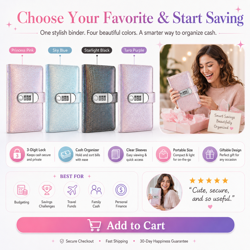 🎄 Christmas Pre-Order: 50% OFF!! ✨ SparkleLock Cash Stuffing Binder with 3-Digit Combination Lock — 100-Envelope Cash Stuffing Budget Book 💖