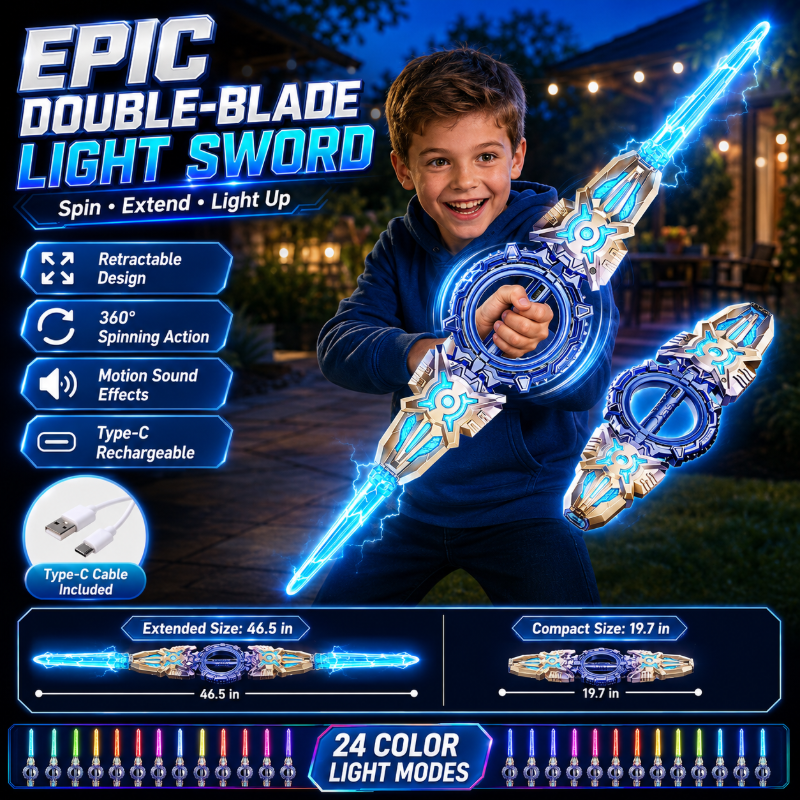 360° Spinning Double-Blade LED Sword | Rechargeable Light-Up Toy