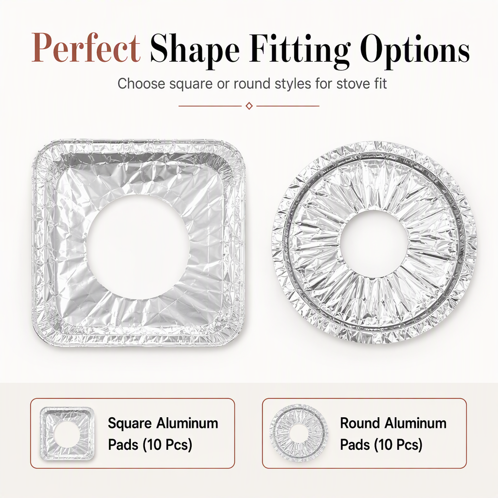 Circle and square aluminum foil burner liners, 10 pieces per pack