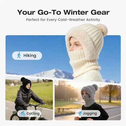 🎉🎁70% OFF!!!-Ready for Winter!!!❄️✨Women 3-in-1 Knitted Balaclava Hat, Fleece Lined Warm Hood Beanie with Scarf & Face Mask, Pom Pom Winter Hat for Outdoor Skiing🧣