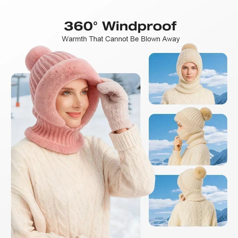 🎉🎁70% OFF!!!-Ready for Winter!!!❄️✨Women 3-in-1 Knitted Balaclava Hat, Fleece Lined Warm Hood Beanie with Scarf & Face Mask, Pom Pom Winter Hat for Outdoor Skiing🧣