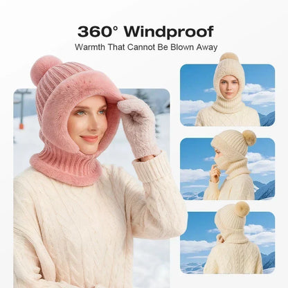 🎉🎁70% OFF!!!-Ready for Winter!!!❄️✨Women 3-in-1 Knitted Balaclava Hat, Fleece Lined Warm Hood Beanie with Scarf & Face Mask, Pom Pom Winter Hat for Outdoor Skiing🧣
