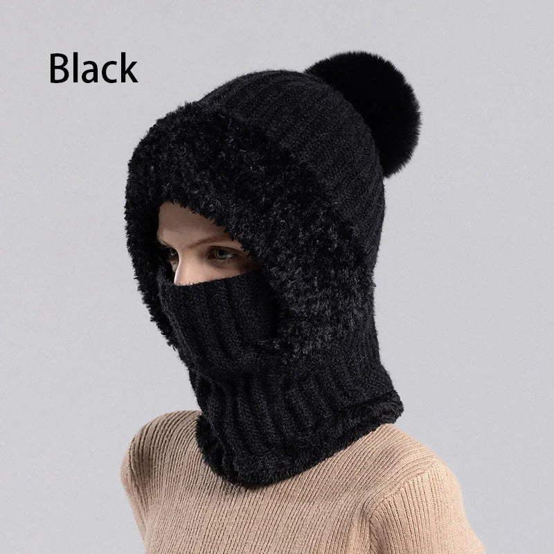 🎉🎁70% OFF!!!-Ready for Winter!!!❄️✨Women 3-in-1 Knitted Balaclava Hat, Fleece Lined Warm Hood Beanie with Scarf & Face Mask, Pom Pom Winter Hat for Outdoor Skiing🧣