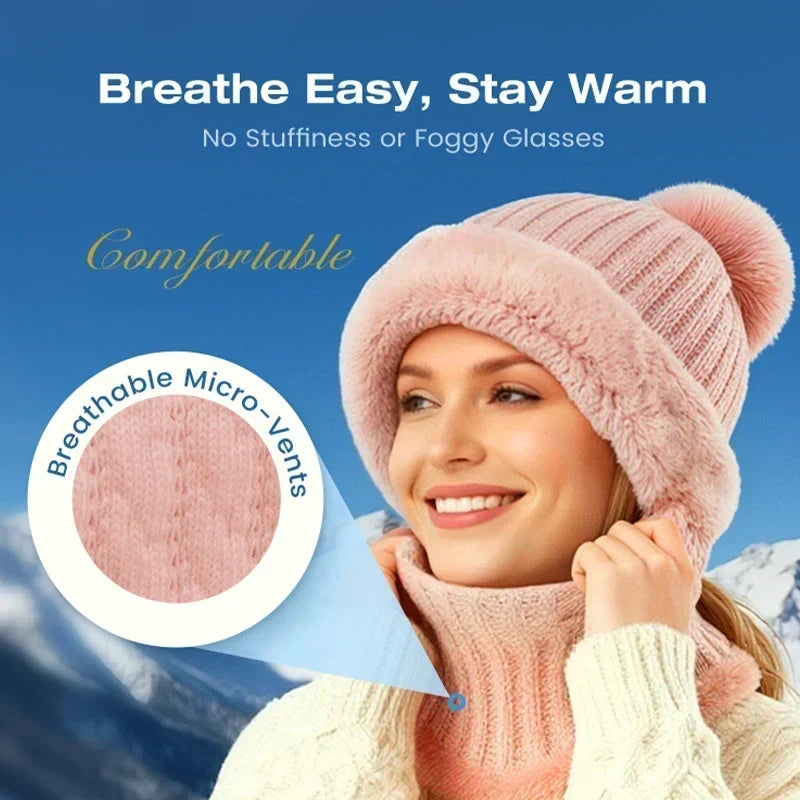 🎉🎁70% OFF!!!-Ready for Winter!!!❄️✨Women 3-in-1 Knitted Balaclava Hat, Fleece Lined Warm Hood Beanie with Scarf & Face Mask, Pom Pom Winter Hat for Outdoor Skiing🧣