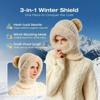 🎉🎁70% OFF!!!-Ready for Winter!!!❄️✨Women’s 3-in-1 Fleece-Lined Knit Balaclava Hat with Scarf & Face Cover🧣