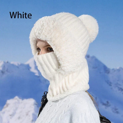 🎉🎁70% OFF!!!-Ready for Winter!!!❄️✨Women 3-in-1 Knitted Balaclava Hat, Fleece Lined Warm Hood Beanie with Scarf & Face Mask, Pom Pom Winter Hat for Outdoor Skiing🧣