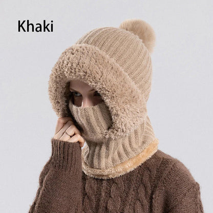 🎉🎁70% OFF!!!-Ready for Winter!!!❄️✨Women 3-in-1 Knitted Balaclava Hat, Fleece Lined Warm Hood Beanie with Scarf & Face Mask, Pom Pom Winter Hat for Outdoor Skiing🧣
